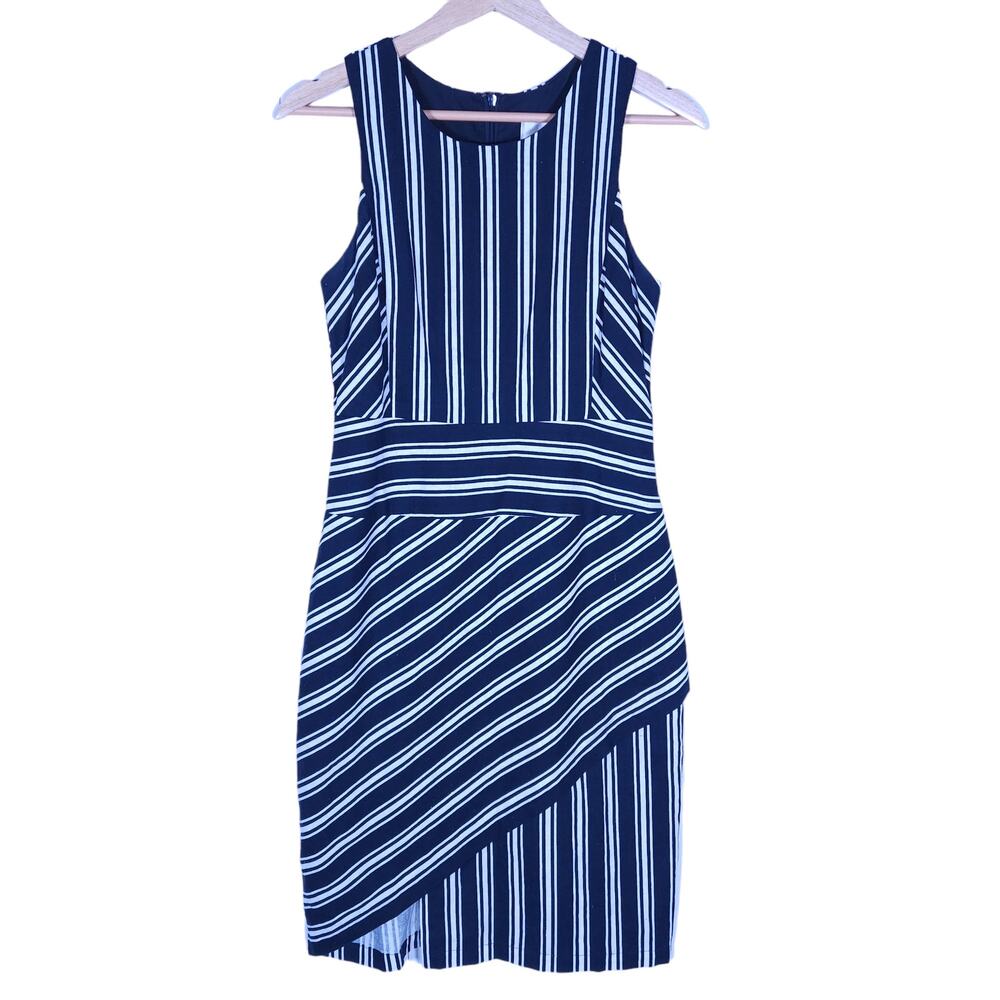 J.O.A. Womens Dress Small Blue White Stripes Linen Sheath Knee Length Sleeveless